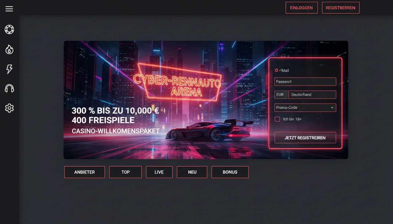 Startseite des Online Casinos Redracer mit Navigation und Spielekategorien