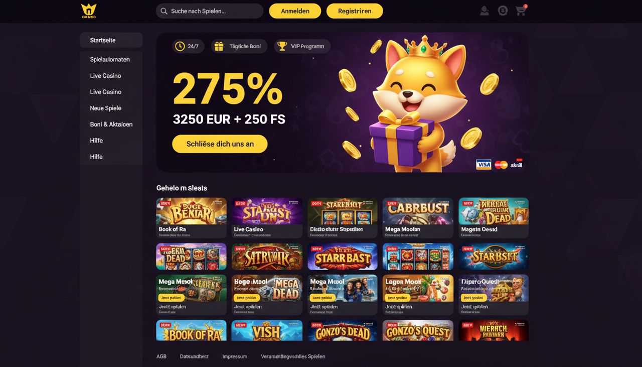 Startseite eines Online Casinos mit Navigationsleiste, Banner und Spielelobby